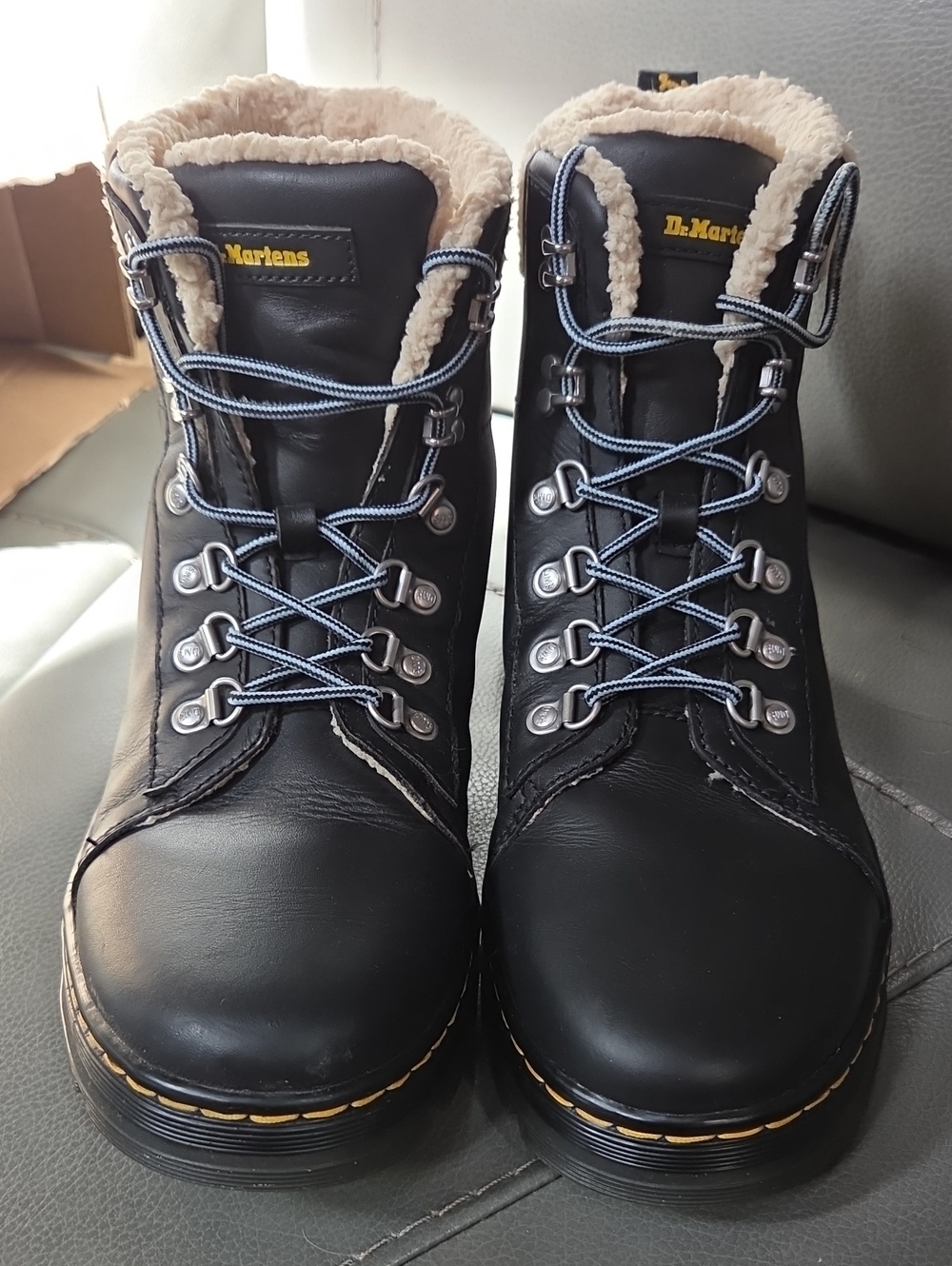 Dr. Martens Black Leather Shearling Hiking-Style Lace-Up Boots